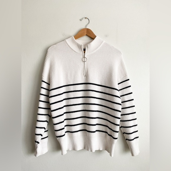 Striped White Black Knit Sweater Quarter Zip Relaxed Fit Sailor Minimalist Cozy - Picture 6 of 10